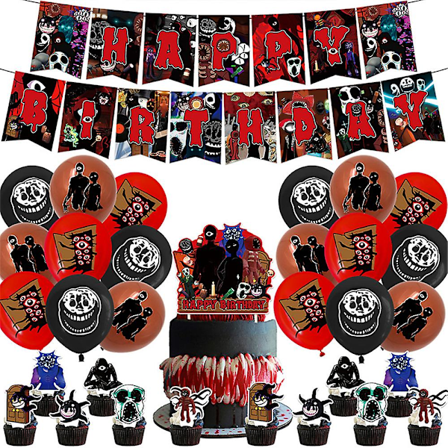 Roblox Door Födelsedagsfest Dekoration, Skräckspel Festtillbehör Set För Barn Inkluderar Grattis På Födelsedagen Banner, Tårta/Muffins Toppar, 