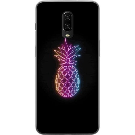 Kompatibelt Mobilskal till OnePlus OnePlus 6T Neonillustration av ananas i färgglatt ljus mot svart bakgrund