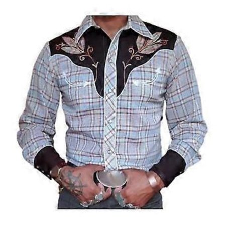 Herre Skjorte Vintage Western Cowboy Print Enkeltknappet Slim Fit Langærmet Nedadvendt Krave Knapper (M blå)