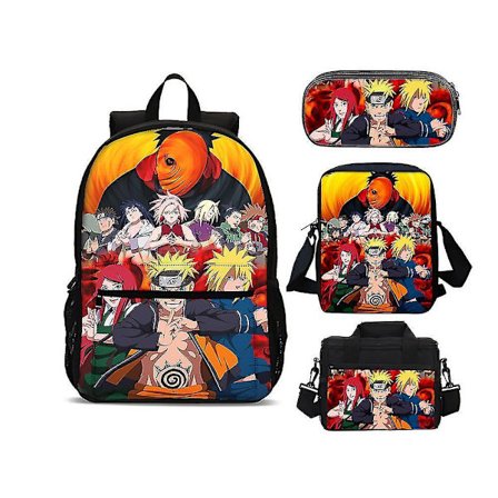 4-piece Naruto Set Anime Ninja Uzumaki Narutoes Schoolbag Travel Backpack Lunch Bag Shoulder Bags Pencil Case