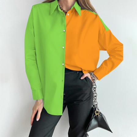 Kvinnor Button Down Tunika Skjorta Color Block Skjortor