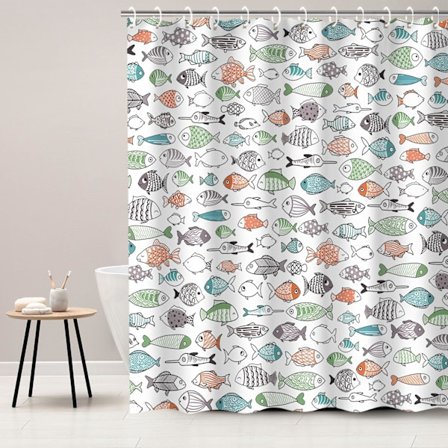 Färgglada Fiskar Duschdraperi, Barn Duschdraperier Set med 12 Krokar, Vattentätt Duschdraperi för Badrum, 72 x 72