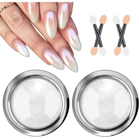 Krom Nagelpulver med Pärlemoreffekt Vit - 2 Stycken Aurora Magic Pärlemorskimrande Nagel Smycken Spegel Glitter Nagel Krom Pulver