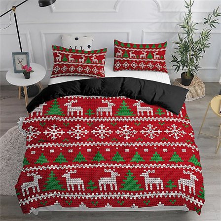 Jule Elg Rød# Jule Elg Sengetøj 3-delt Juledug Digitalt trykt stofbetræk