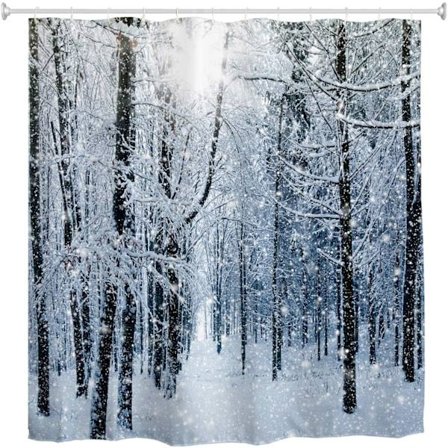 Skogsduschdraperi, vintersnöträd Vattentät och mögelbeständig tyg duschdraperier för badrum, 72 x 72 tum