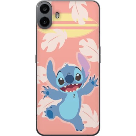 Kompatibel Mobilcover til Nothing CMF Phone 1 Glad illustration af Stitch der hopper foran lyserød baggrund med surfbræt