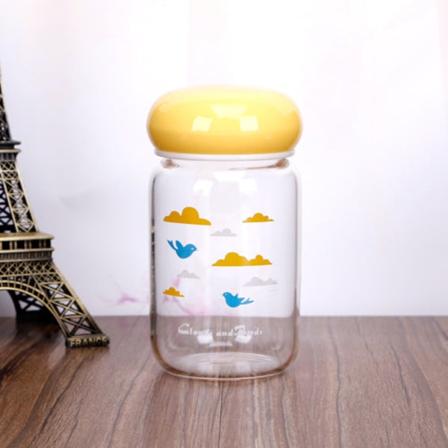 Kids Vann Drikkeflaske Søt for barn Mini Lekksikker sjampinjong Enkeltlags Glass Klar med deksel Yellow cover 300ml