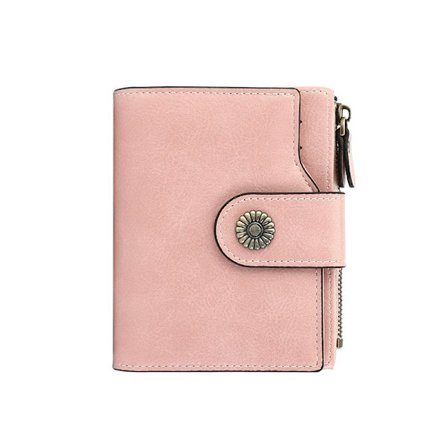 Lille ægte læderpung til kvinder med RFID-beskyttelse, lynlåslomme, lyserød farve.