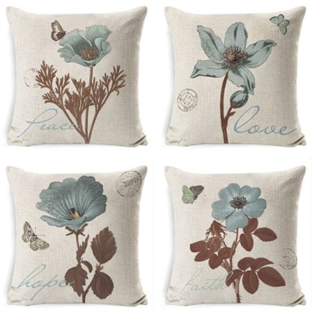 Sæt med 4 45x45cm vandtætte klassiske blå blomstermønster sofa puder