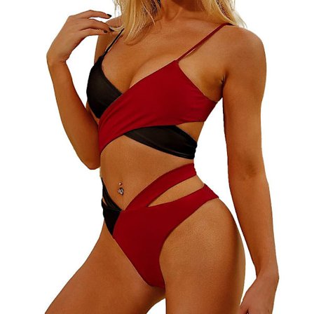 Dambadkläder Sexig baddräkt Two Tone Crossover Bikini black red M