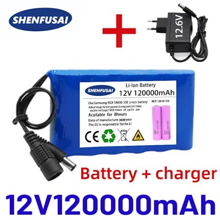 Original nytt bärbart 12V batteri, 100000mAh uppladdningsbart litiumjon 18650 batteripaket, DC 12,6V laddare, CCTV ljudförstärkare+