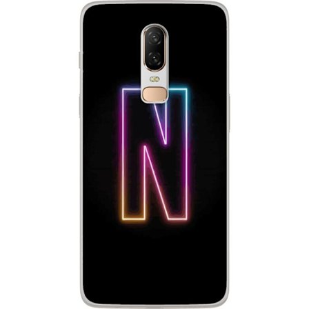 Kompatibelt Mobildeksel til OnePlus OnePlus 6 Minimalistisk neonbokstav N i fargeskiftende lys mot svart bakgrunn
