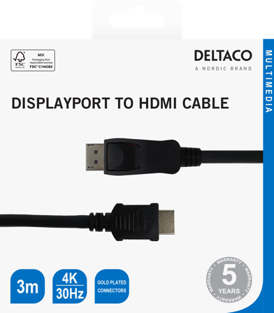Deltaco DisplayPort to HDMI cable, 4K UHD, 3m, black