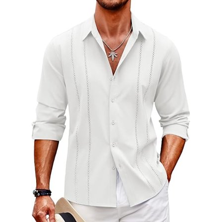 Herre Cubansk Guayabera Skjorte Casual Knap Ned Skjorter Langærmet Strand Linned Skjorter