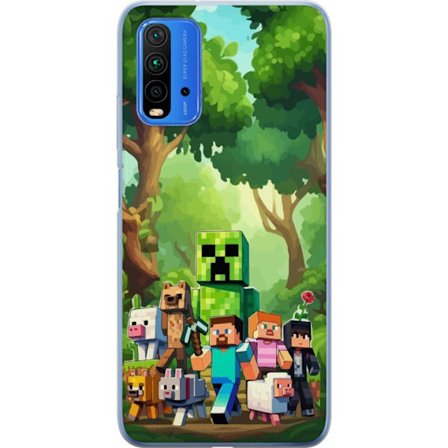 Yhteensopiva Puhelinkuori Xiaomi Redmi Note 9 4G Jämäkkä pikselöity pelimaailma, jossa vihreät hahmot ja eläimet rehevässä metsäympäristöss