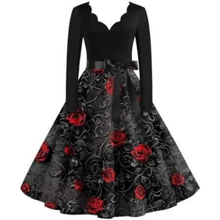 BTBDYDH Halloween Klänning Retro Långärmad V-ringad Klänning Utsvängd Vintage Hepburn Klänningar Pumpa Fladdermus Häxa Tryckt Cosplay Party Kostym 