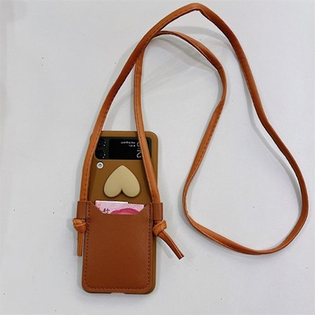 Hjärtformad Skal Kompatibelt Med Samsung Galaxy Z Flip 4, PC-Ram Pu-Läder Stötsäkert Skal Med Snodd Brun