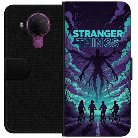 Yhteensopiva Lompakkokotelo Nokia Nokia 5.4 Stranger Things -inspiroitunut fantasiaillustraatio, jossa on tumma hirviö, pyöräilevät lapset ja dram
