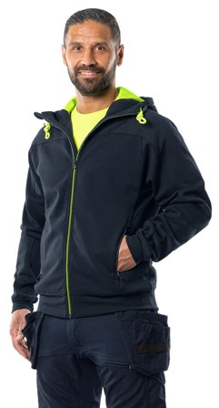 Fristads Herr Sweatshirt-jacka med huva 7550 GSM, Mörk marinblå/Neongul