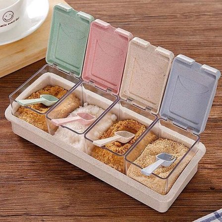 Kryddbehållare med lock och 4 skedar