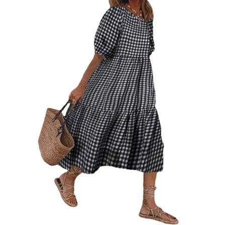 Dame sommerplaid Puffy kortærmet midikjole_yu
