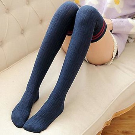 Damstrumpor i stickad ull, över knä, höga, varma, långa (Marinblå)