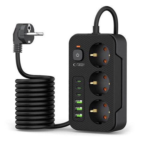 Tech-Protect Grenuttag 3x USB/3x USB-C/3 Sockets 200Ccm - Svart