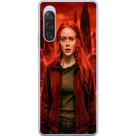 Kompatibelt Mobilskal till Sony Xperia 10 V Porträtt av en ung kvinna med rött hår i en apokalyptisk landskap, röda blixtar och mörka klippformat