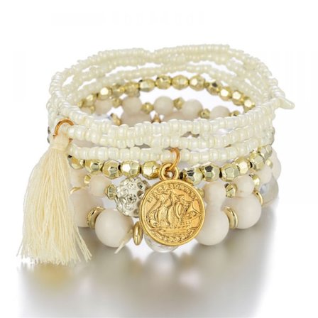 1 st Bohémiskt Pärlmultilager Armband - Stapelbara Stretch Armband, Fransmynt Hängande Armband, Multilager Rispärl Armband