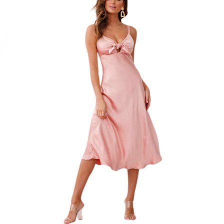 Spaghetti-remmar med dragkedja, knuten byst, cocktail-midiklänning (rosa M)