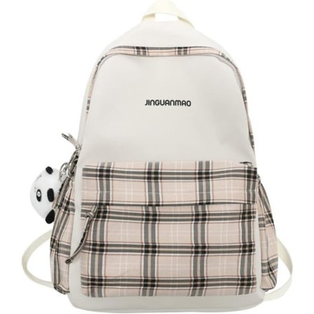 Skolväska - Rutig ryggsäck med 1 gratis söt panda-berlock, (Beige)