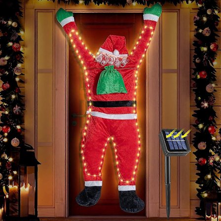 1,7 m Hængende Julemand i Naturlig Størrelse med Lys, Genopfyldelig Udendørs Klatrende Julemand Gavepose til Julevindue Balkonindretning