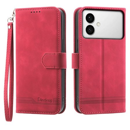 DIERFENG Samsung Galaxy S26 Edge Plånboksfodral Konstläder Med Handledsrem - Röd