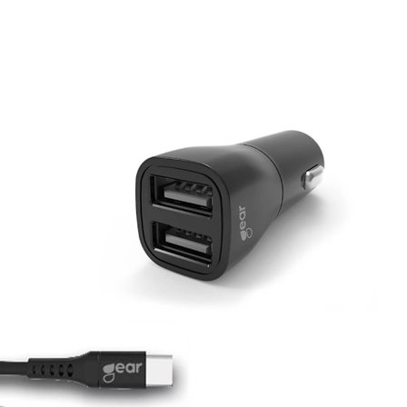 GEAR - Laddare 12-24V 2xUSB 3.4A Svart USB-C 2.0 Kabel 1m