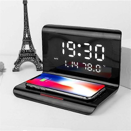 Vekkerklokke med tid, dato, temperaturvisning og trådløs mobilladerdokkingstasjon