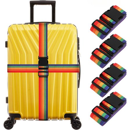Justerbare Bagageremme (4-pak) - Brede Rejsesikkerhedsremme med Navneskilte - Hurtigkobling til Kufferter, Tasker & Last - Regnbuefarver