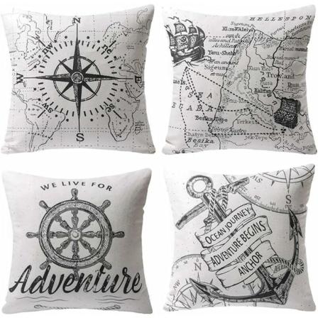 Gspirit Sæt med 4 bomuldslinned trykte nautiske kompasanker maritime bogstav pudebetræk 45x45cm