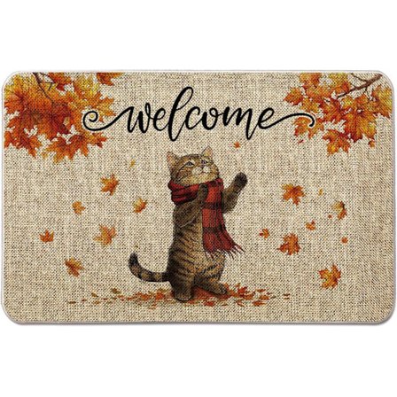 Autumn Doormat Cat Maple Leaf Rugs Fall Harvest Doormat Thanksgiving Home Kitchen Decor Floor Front Mats 20 x 31.5 Inch