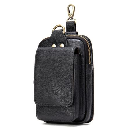 Elegant brun svart vintage läderficka för män, läderbälte Kohud bältesväska Mobiltelefonväska Midjeväska Black 17 inches