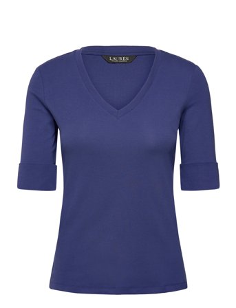 Lauren Ralph Lauren | Stretch Cotton Elbow-Sleeve V-Neck Tee | M