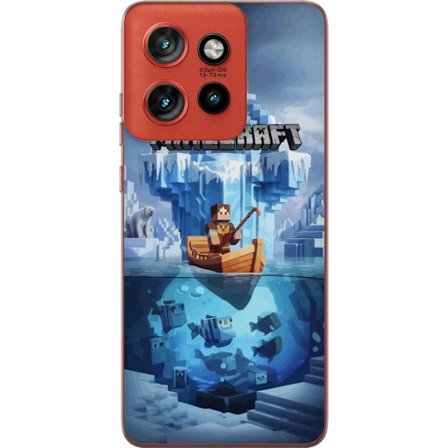 Kompatibelt Mobilskal till Motorola Edge 50 Neo Blockbaserad illustration med blockkaraktär som fiskar från båt vid isberg med undervattensvärld f