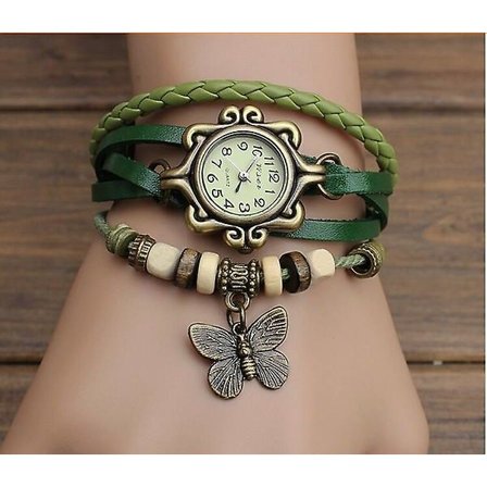 Vintage sommerfugl armbåndsur læder mode dame kvartsur(grøn)