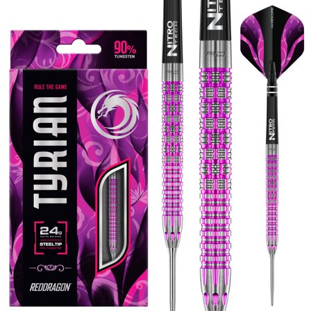 Red Dragon Darts Tyrian Steel Tip Darts 22g/24g - 90% Tungsten Purple Pink Silver - Pro Darts for Professionals