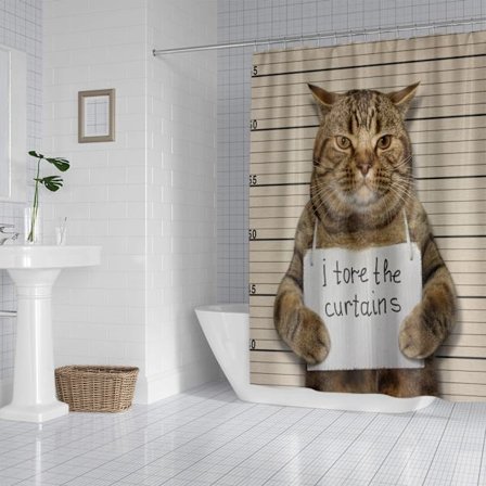 Cartoon Cat Duschdraperi, med 12 plastkrokar-L