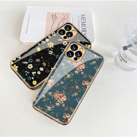 Iphone 12 Pro Lyxigt Glas-skal Mönster Guld Barock Fjäder Blomma Blue One Size