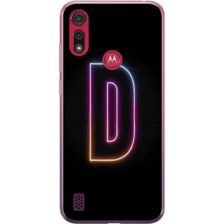 Kompatibelt Mobildeksel til Motorola Motorola Moto E6s (2020) Minimalistisk neonbokstav D i fargeskiftende lys mot svart bakgrunn i moderne digital de