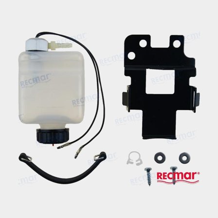 Recmar Drevoljebehållare för båtmotorer, komplett kit med fäste och sensor, hållbar plast och metall, vit och svart