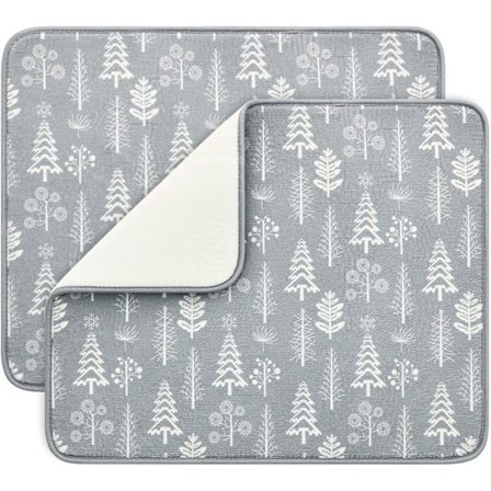 Oppvaskmatter med juletremotiv for kjøkkenbenk, absorberende oppvaskmatte/underlag for oppvaskstativ, 49,5 x 40 cm, sett med 2, grå