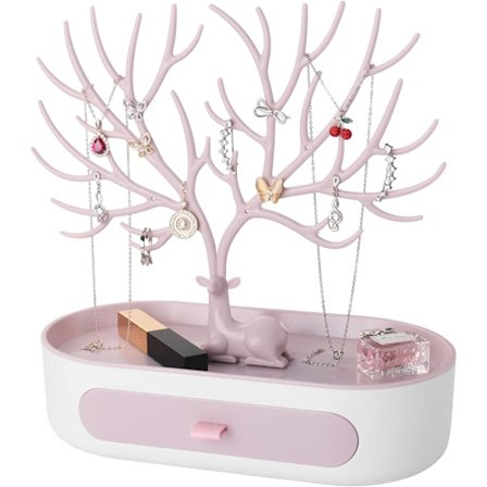 Sarven muotoinen koruteline, jossa on laatikko, muovinen 3-in-1 koruteline korvakoruille, kaulakoruille, rannekoruille ja sormuksille