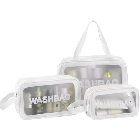 (Hvit) 3-delt gjennomsiktig sminkepung, vanntett toalettmappe for svømmebasseng, bad, reise, Pla